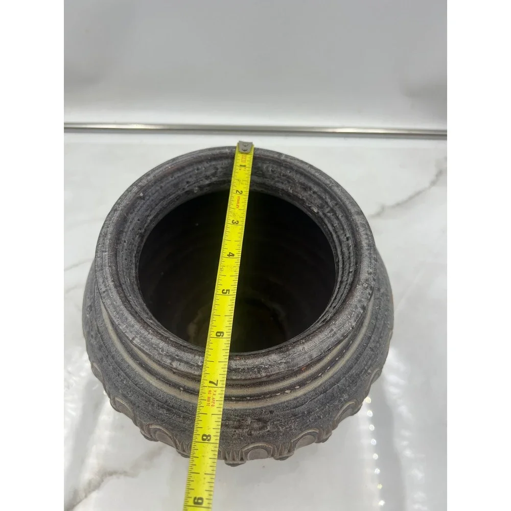 Vintage Thai Hand Carved Pottery Vessel Charcoal Gray Textured Decorative Pot